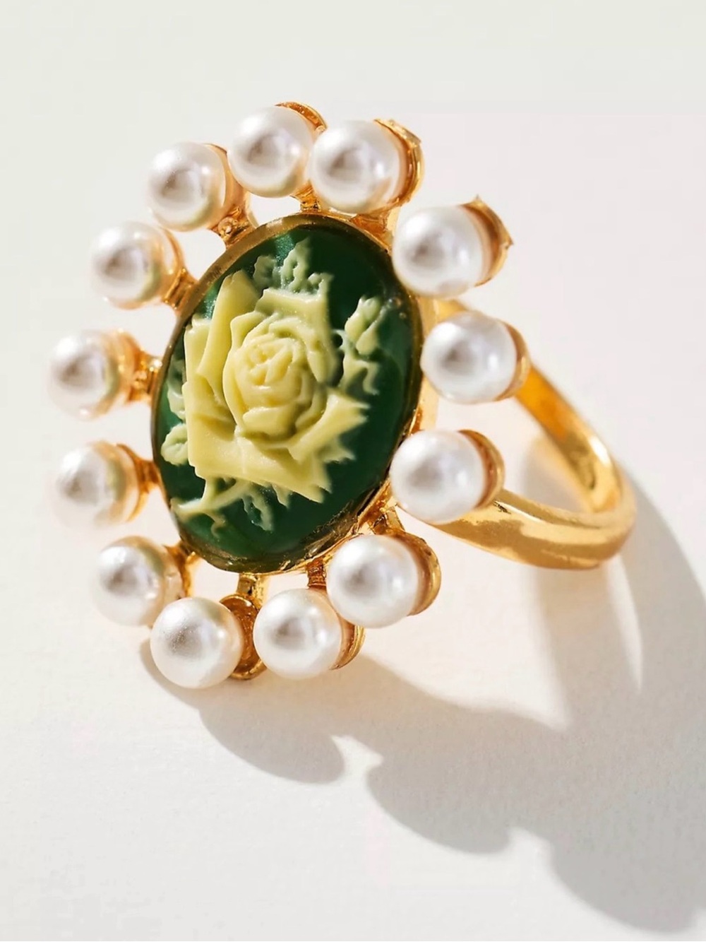 NWT Anthropologie Gold Pearl Green Cameo Rose Ring